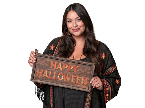 Smiling Woman in Embroidered Cardigan Holding Wooden Happy Halloween Sign isolated on transparent or white background, png