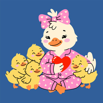 Mother Duck with Ducklings and Red Heart