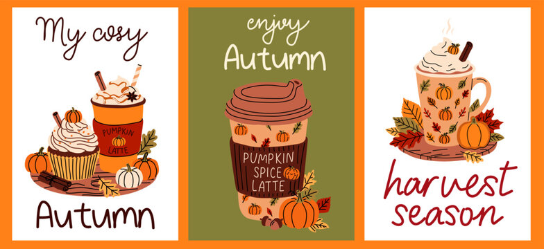 Cozy Fall Coffee Posters with Pumpkins and Leaves