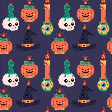 Spooky Candles Witch Hats and Eyeballs Pattern