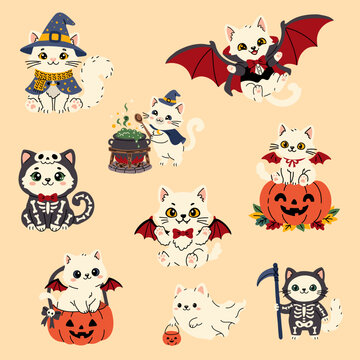 Cute Halloween Cats in Witch Vampire and Skeleton Costumes