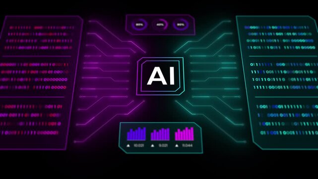 Centered AI logo surrounded by animated circuit lines, data bars, and binary code analytics panels.