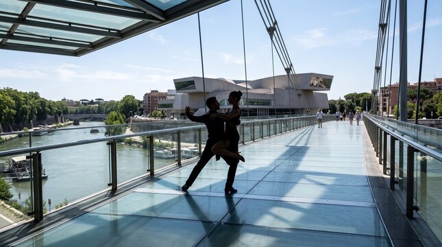Dancer Performing on Pedestrian Bridge Over River