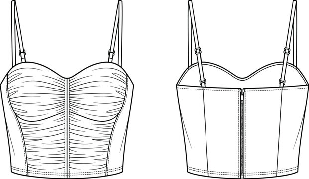 Women ruched bustier crop top flat sketch technical drawing fashion vector template front and back view