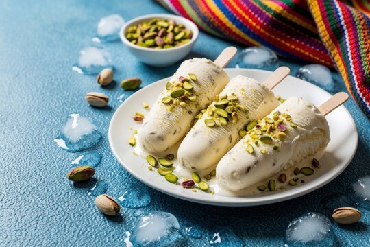 Three traditional Indian kulfi ice cream popsicles on white plate. Frozen dairy dessert with crushed pistachio nuts, cardamom spice sits on blue concrete table surface. Cold sweet treat decorated