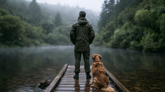 Man and Dog Standing on Dock by Forest Lake