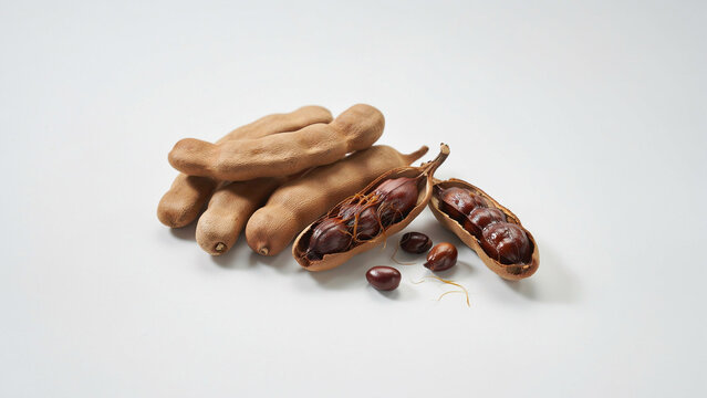 Fresh brown tamarind pods arranged on a white background, with some pods, opened to reveal, the ad social, media download thambnail, template event festive, festival 2026 2027 2028