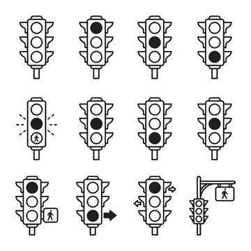 Traffic lights collection showing various signals and pedestrian crossing icons in simple line art style