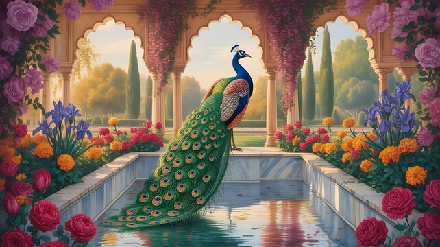Illustration of a mughal garden with peacocks, parrots, plants, and trees, featuring a botanical landscape pattern. Mughal Garden. Illustration
