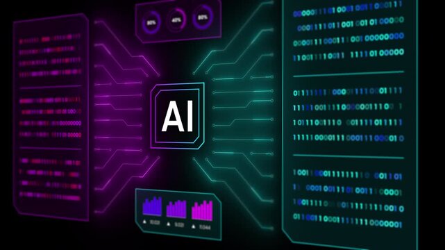 High tech visual interface displaying vertical binary code streams and artificial intelligence network circuits.