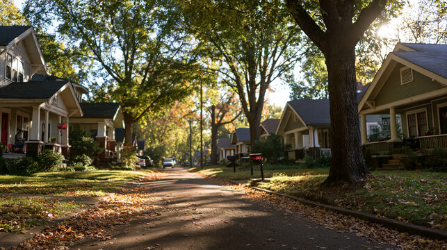 Residential Neighborhood Street with Tree-Lined Homes in Autumn