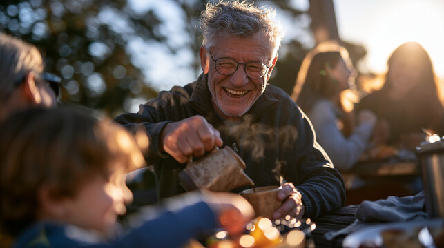Senior Man Sharing Food with Family Outdoors