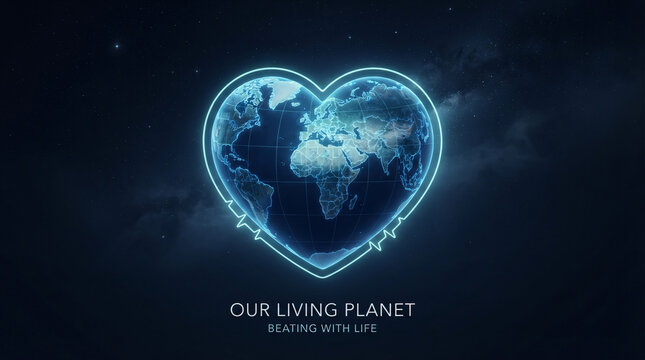Our living planet earth in heart shape frame neon blue glow with environment