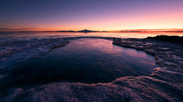 Serene Ocean Sunset with Rocky Cove and Mountains