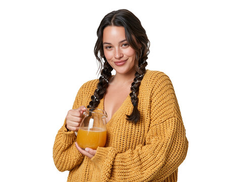 Smiling Woman in Yellow Knitted Sweater Holding Glass Jug of Cider isolated on transparent or white background, png