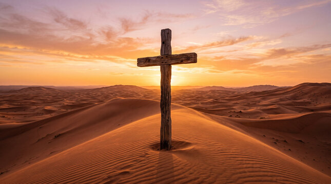 Wooden Cross in Desert at Sunset
