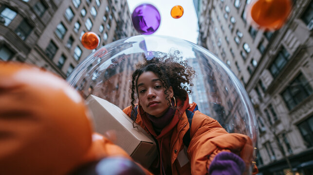 Young Woman Inside Protective Bubble in Urban City