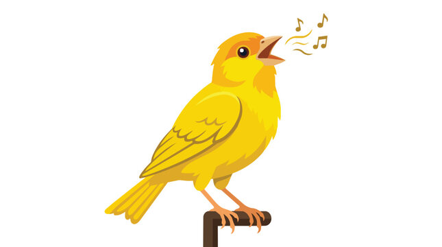 Vibrant Yellow Canary Bird Singing Beautiful Melodies with Musical Notes Vector Illustration Isolated Design