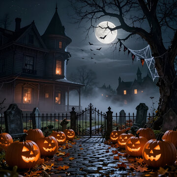 Happy halloween night scene with glowing pumpkins and spooky mansion under full moon