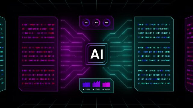 High tech visual interface showing central AI processor flanked by glowing binary code panels.