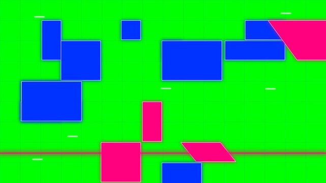Abstract composition featuring geometric blue and pink shapes on green background