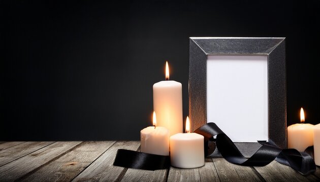 blank funeral frame burning candles and black ribbon on wooden table against dark background
