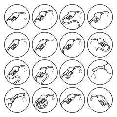 Fototapeta premium Gas pump nozzles in circular icons showing various angles and hose configurations for fuel dispensing
