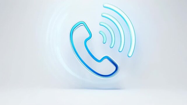 Glowing blue telephone icon pulses with communication waves on a clean white background in cinematic motion