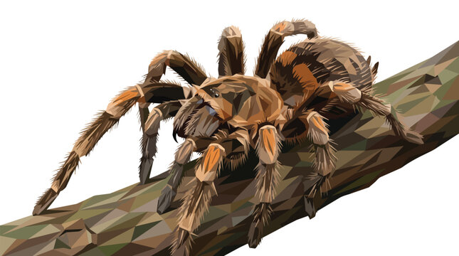 Detailed Vector Illustration of a Large Hairy Tarantula Spider Crawling on a Tree Branch Isolated on White Background
