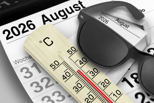 Deutscher Kalender Sommer 2026 August mit Thermometer 40 Grad Celsius