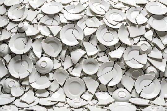 Many white ceramic plates lie broken on ground. Fractured porcelain dishes create messy background texture. Sharp shards, cracked tableware pieces represent domestic accident waste. Damaged kitchen