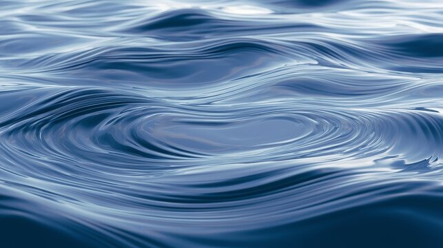 Abstract blue liquid water surface with smooth ripples and soft reflections creating a fluid wavy texture background, modern design element, calm ocean atmosphere, and digital backdrop concept