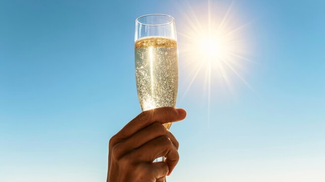 Close up of hand raising sparkling champagne glass against clear blue sky with sunlight, celebrating toast, happiness, success, party, and special occasion concept with elegant festive atmosphere