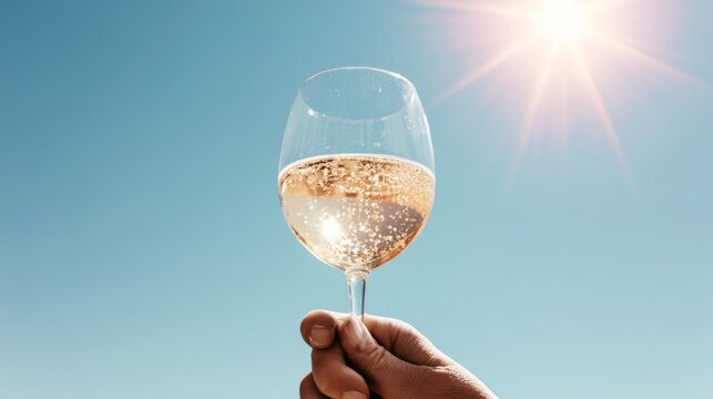 Close up of hand raising sparkling champagne glass against clear blue sky with sunlight, celebrating toast, happiness, success, party, and special occasion concept with elegant festive atmosphere