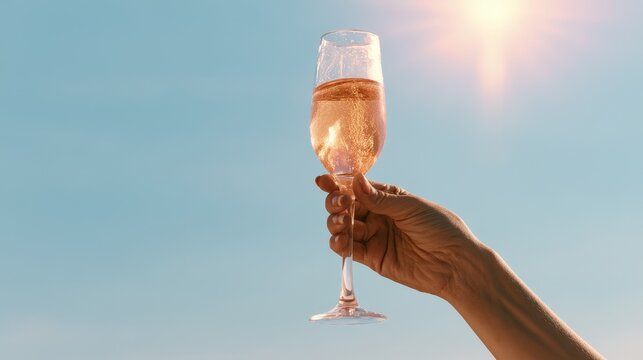 Close up of hand raising sparkling champagne glass against clear blue sky with sunlight, celebrating toast, happiness, success, party, and special occasion concept with elegant festive atmosphere