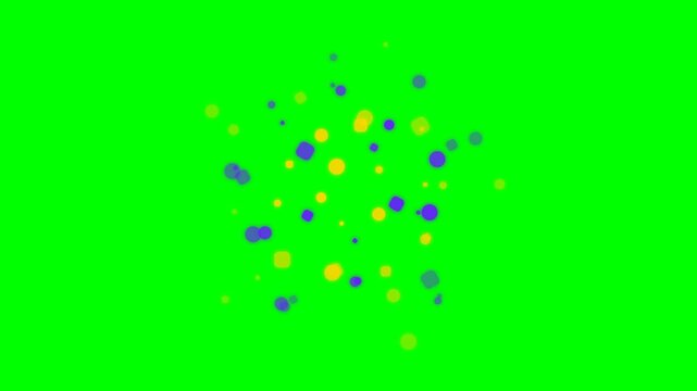 Floating yellow and blue confetti dots centered on a vivid green background