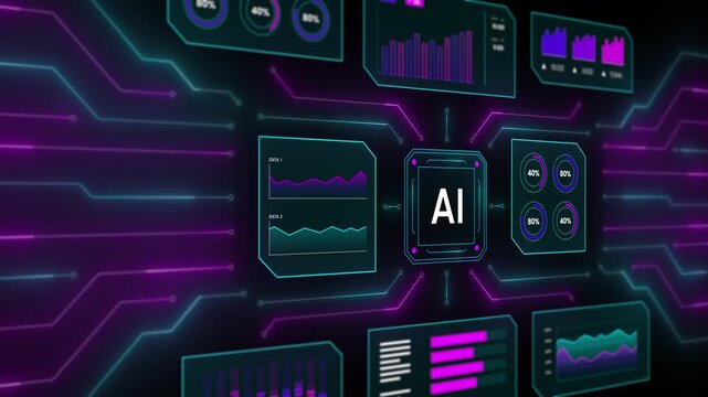 Angled isometric perspective of an AI analytics dashboard featuring glowing charts and metrics.
