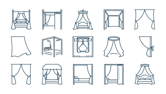 Set of thin line icons for bed canopy and curtains.