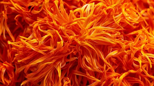 Full frame close up of dried marigold petals filling the entire composition, showing natural floral texture, botanical details, herbal material, warm tones, and organic background concept