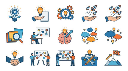 Fototapeta premium Flat vector illustration set of startup brainstorming session with creative ideas, business growth and strategic planning for editorial use