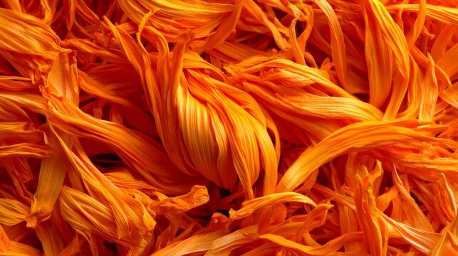 Full frame close up of dried marigold petals filling the entire composition, showing natural floral texture, botanical details, herbal material, warm tones, and organic background concept