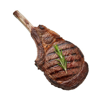 A glistening, perfectly grilled tomahawk beef steak with a crispy maillard crust, medium-rare interior, and fresh rosemary sprig on a dove gray studio background. Premium commercial food