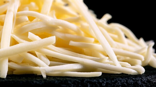 Macro close up of freshly grated cheese pile on dark background, showing rich texture, dairy ingredient details, cooking preparation, food freshness, and gourmet cuisine concept