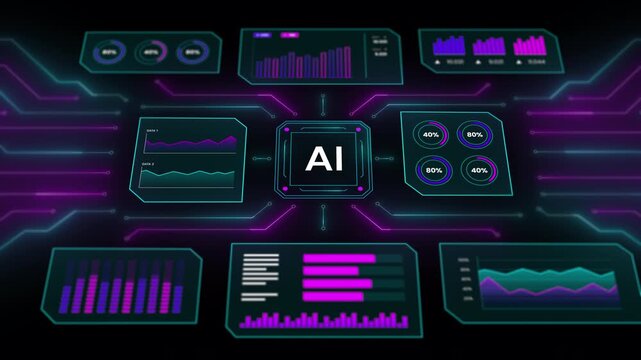 Full view AI system monitoring panel displaying circular percentage gauges and data analytics.