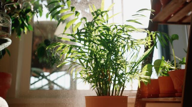 Daily routine of plant care as a woman's hand gently mists a potted parlor palm with a vintage glass sprayer, with fine water droplets sparkling in the bright morning sunlight
