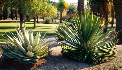 Fototapeta premium landscape design yucca trees agave and cacti grow in city park beauty in nature tropical succulents in sunny summer day close up