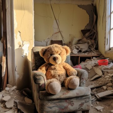 Teddy bear amidst ruins - AI generated