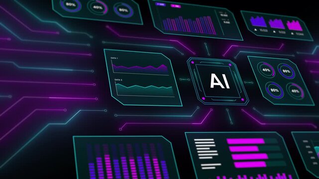 Dynamic angled view of glowing purple charts, stock trends, and data grid elements on an AI UI.