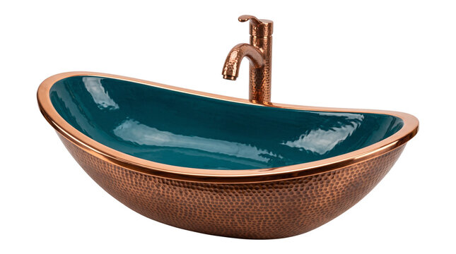 Handcrafted hammered copper vessel sink with teal enamel interior, luxury bathroom washbasin with bronze faucet, rustic oval copper basin for interior design