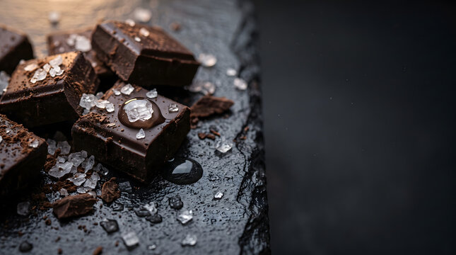 黒いスレートプレートに盛られた大粒の岩塩とダークチョコレート